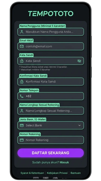Tampilan halaman daftar tempototo